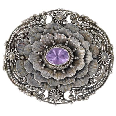 Sterling Silver Amethyst Granulated Blooming Flower Brooch