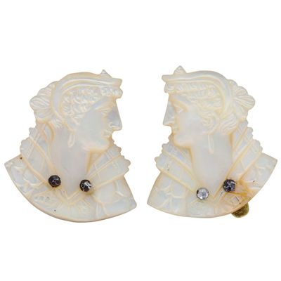Victorian Gold Filled Mother of Pearl Hand Carved Ladies Cloak Clips