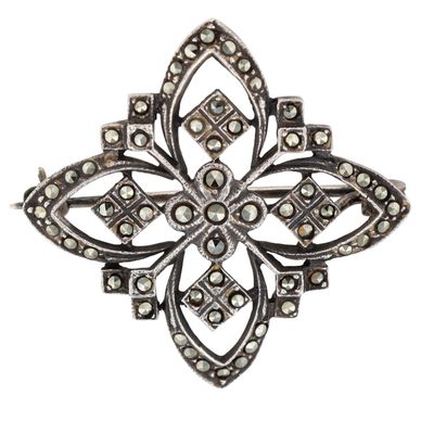 Sterling Silver Marcasite Art Deco Flower Brooch