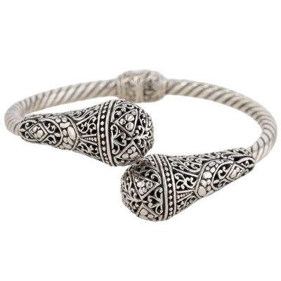 Sarda Sterling Silver Scroll Cut Twisted Hinge Bangle Bracelet