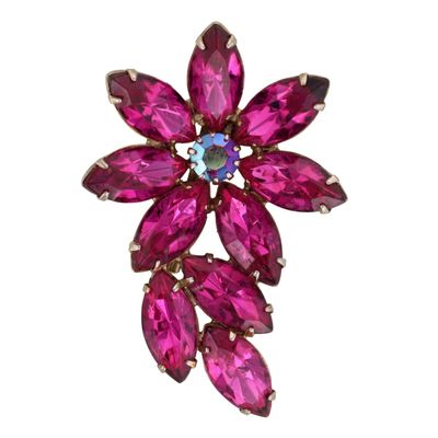 Silver Tone Metal Pink Fuchsia Rhinestone Floral Brooch