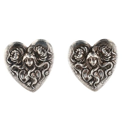 Sterling Silver Pressed Nouveau Style Lady Lily Heart Stud Earrings