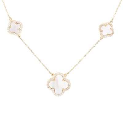 Signed Gold Over Sterling Silver Mother of Pearl CZ Kira Clover Station Necklace