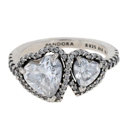 Pandora Sterling Silver CZ Double Halo Heart Ring Size 5