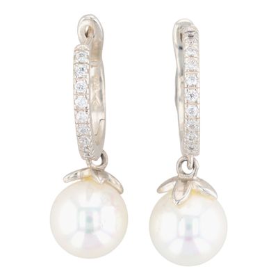Silpada Sterling Silver CZ Faux Pearl Dangle Hoop Earrings