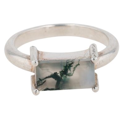 Sterling Silver Moss Agate Emerald Cut Ring Size 6.25