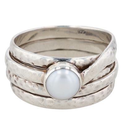 Sterling Silver Pearl Multi Wrap Wide Band Ring Size 12.5