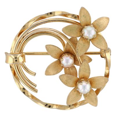 CR Co 12K Yellow Gold Filled Pearl Triple Flower Brooch