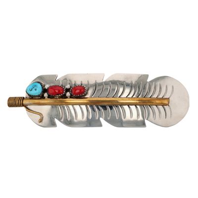Southwest Sterling Silver Brass Turquoise Coral Feather Barrette
