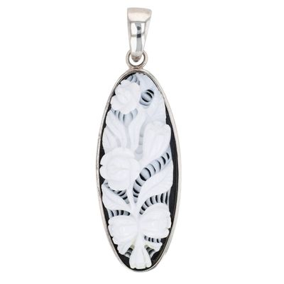 Whitney Kelly Sterling Silver Carved Agate Floral Oval Pendant