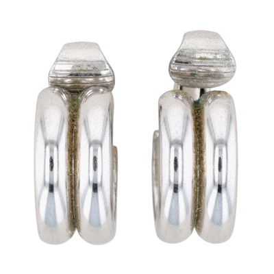 Trifari Silver Tone Metal Double Hoop Design Earrings