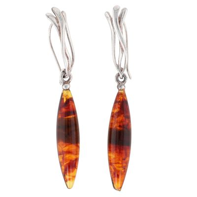 Sterling Silver Amber Long Organic Dangle Drop Earrings