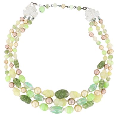 Japan Silver Tone Green Glass Faux Pearl 3 Strand Necklace