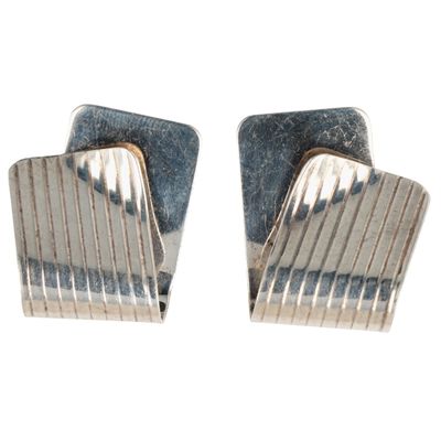 Signed 14K Yellow Gold Sterling Silver Textured Folded Stud Earrings