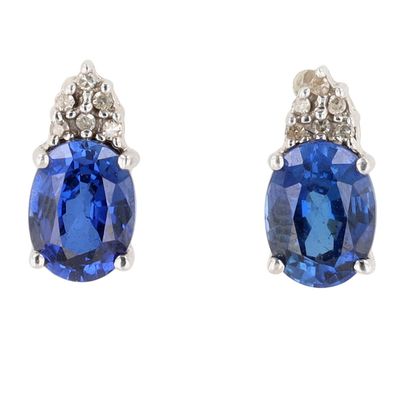 Signed 10K White Gold Diamond Blue Sapphire Cluster Stud Earrings