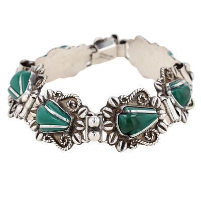 Mexico Vintage Sterling Silver Carved Green Onyx Scroll Leaf Link Bracelet