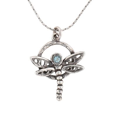 Signed Israel Sterling Silver Rhinestone Dragonfly Necklace