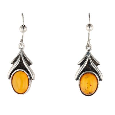 Signed Sterling Silver Amber Oval Dangle Earrings