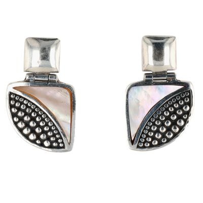 Signed Sterling Silver Mother of Pearl Inlay Granulated Hinge Stud Earrings