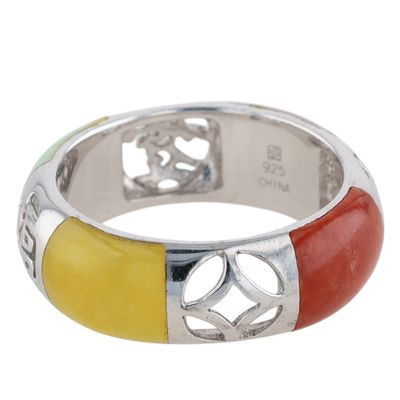 Signed Sterling Silver Multi Colored Jadeite Chinese Character Band Ring Size 7