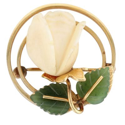 Wells 14K Yellow Gold Filled Moss Agate Carved Rose Brooch