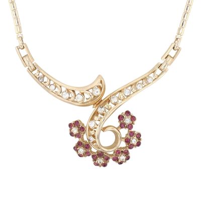 Coro Gold Tone Metal Rhinestone Floral Ribbon Necklace