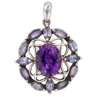 Sterling Silver Iolite Amethyst Open Work Oval Pendant
