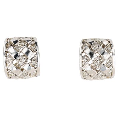 Signed Sterling Silver Diamond Woven Huggie Stud Earrings