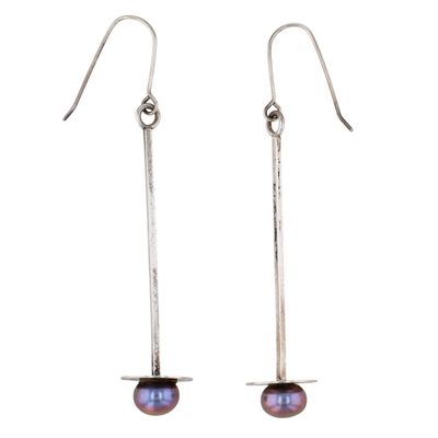 Sterling Silver Purple Pearl Modern Bar Dangle Earrings