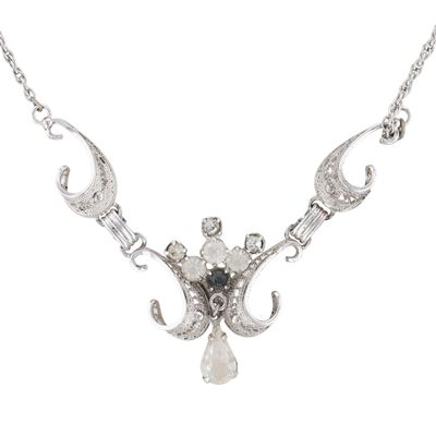 AMLEE Vintage Sterling Silver Rhinestone Filigree Dangle Necklace