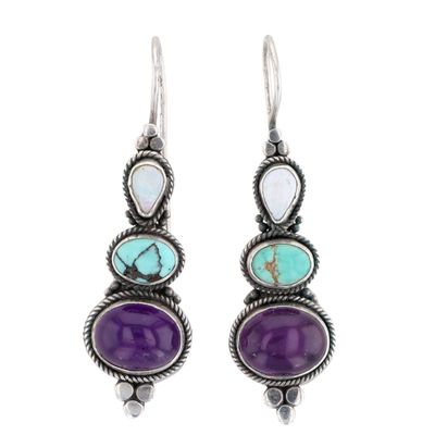Sterling Silver Opal Amethyst Turquoise Drop Earrings
