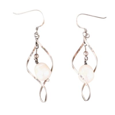 Sterling Silver Pearl Spiral Embraced Dangle Earrings