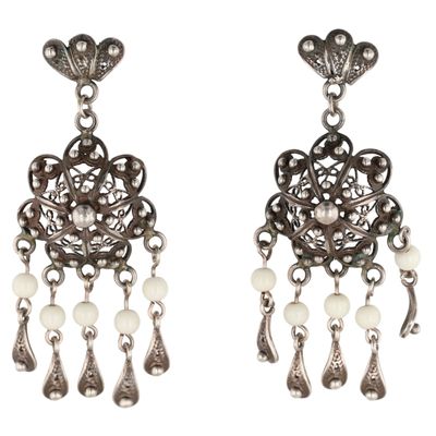 Vintage Sterling Silver Glass Bead Filigree Chandelier Earrings