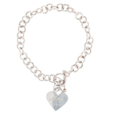 Mexico Sterling Silver Engraved Heart Charm Toggle Clasp Bracelet