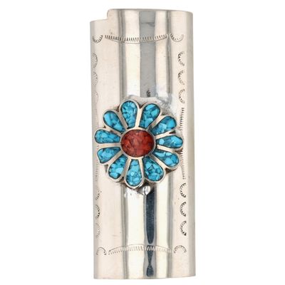 Southwest Sterling Crushed Turquoise Coral Inlay Flower Lighter Case
