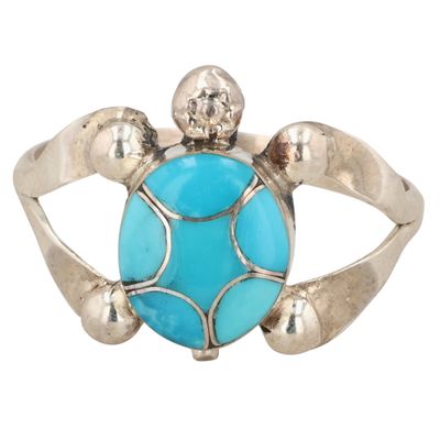 Zuni Sterling Turquoise Inlay Turtle Ring Sz 8.5