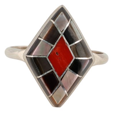 Connie Epaloose Zuni Sterling Abalone Coral Inlay Ring Sz 6