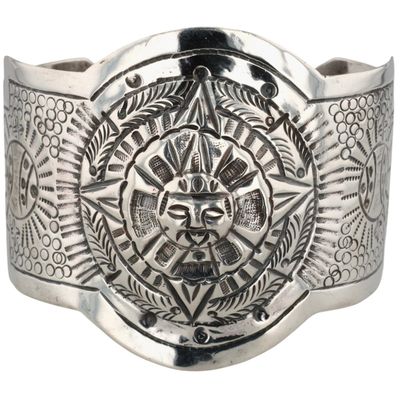 Mexico Sterling Embossed Sun Cuff Bracelet
