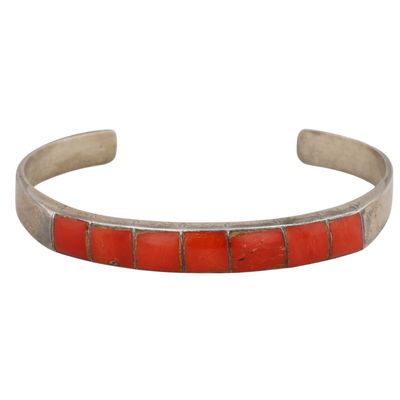 Navajo Sterling Coral Inlay Cuff Bracelet