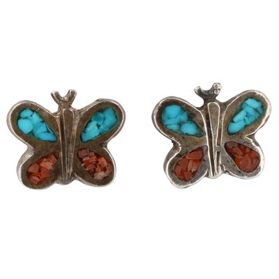 Southwest Sterling Crushed Turquoise Coral Inlay Butterfly Earrings