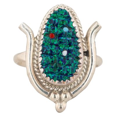 Kane Etsate Zuni Sterling Opal Corn Ring Sz 7.75