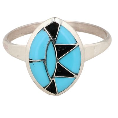 Zuni Sterling Turquoise Onyx Inlay Ring Sz 7