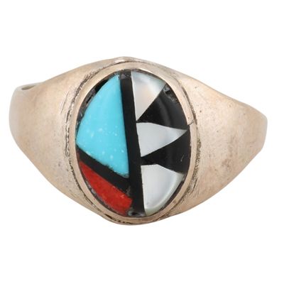 Raymond Bobelu Zuni Sterling Multi-Stone Inlay Ring Sz 10