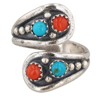 Genevieve Francisco Navajo Sterling Turquoise Coral Adjustable Ring