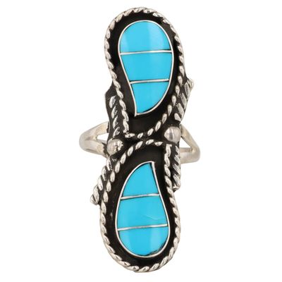 Signed Zuni Sterling Turquoise Inlay Teardrop Ring Sz 6.25