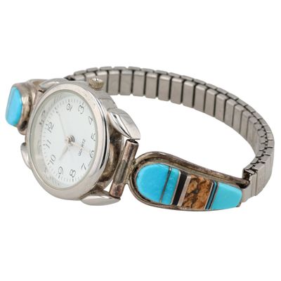 Vintage Signed Navajo Sterling Multi-Stone Inlay Watch
