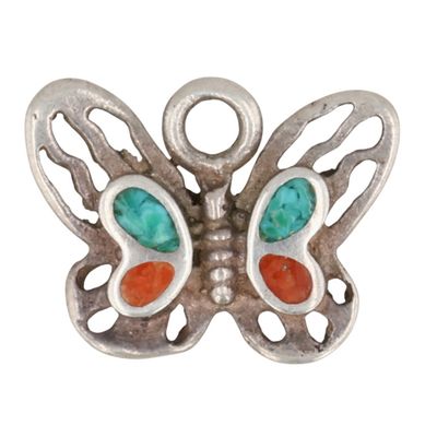 Southwest Sterling Crushed Turquoise Coral Inlay Butterfly Pendant