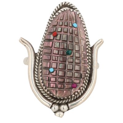 Tracey Etsate Bowekaty Zuni Sterling Abalone Corn Ring Sz 9.25