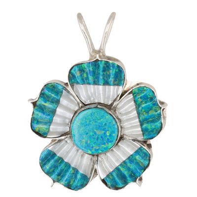 Erva Quam Zuni Sterling Multi-Stone Inlay Carved Flower Pendant