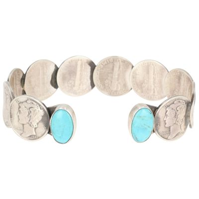 James McCabe Navajo Sterling Kingman Turquoise Mercury Dime Cuff Bracelet